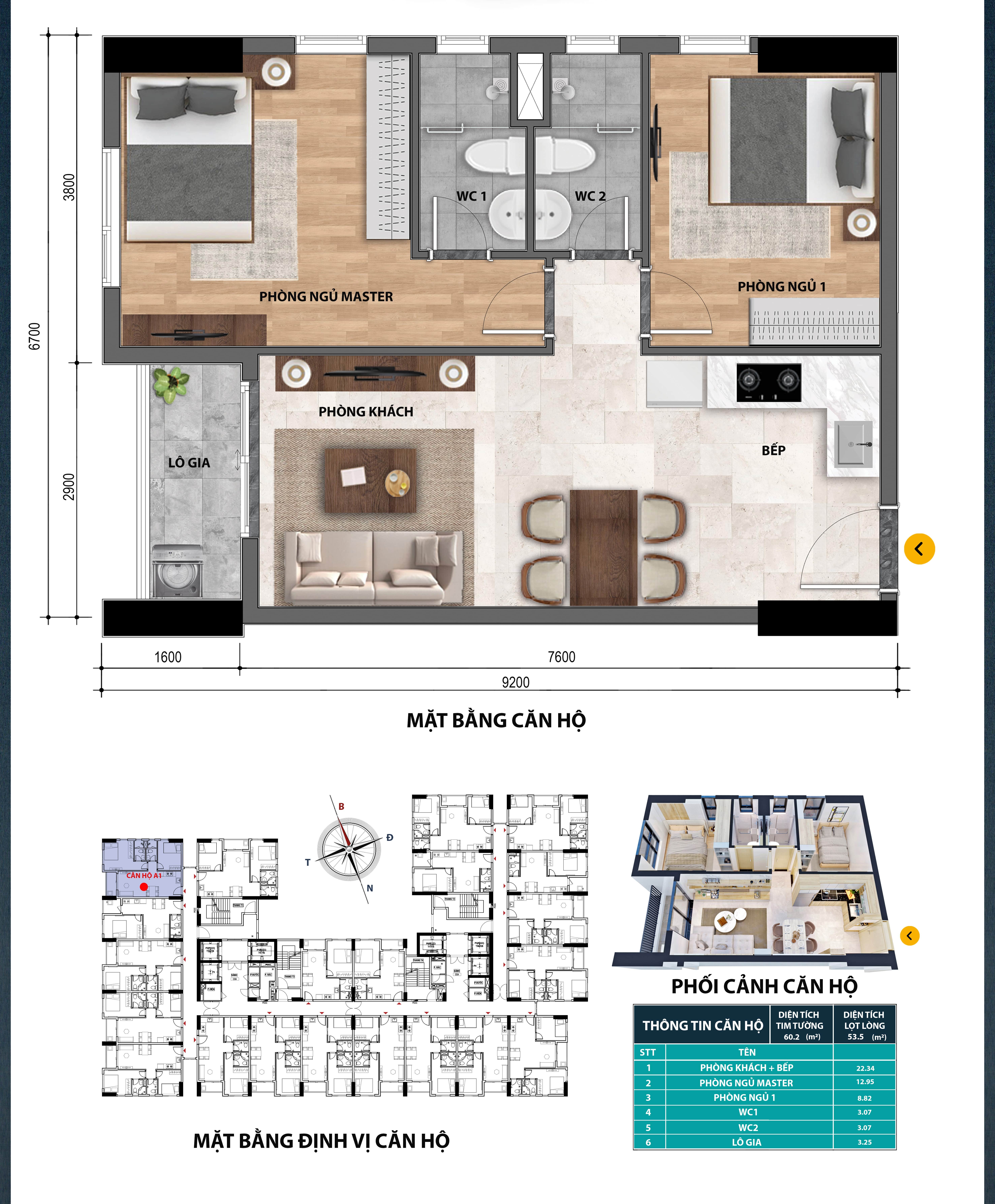 Hình ảnh phối cảnh căn hộ 2 phòng ngủ nằm ở góc